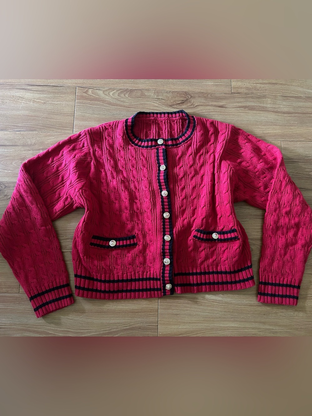 Cider Pink Cable-Knit Cardigan with Black Trim